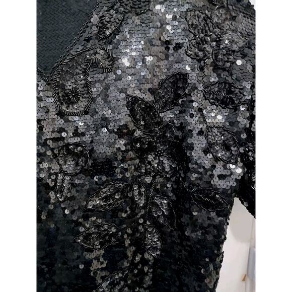 Exotic Formal Beaded Sequin Top L Black Short Sleeve NY Party Christmas Holiday - Picture 13 of 17